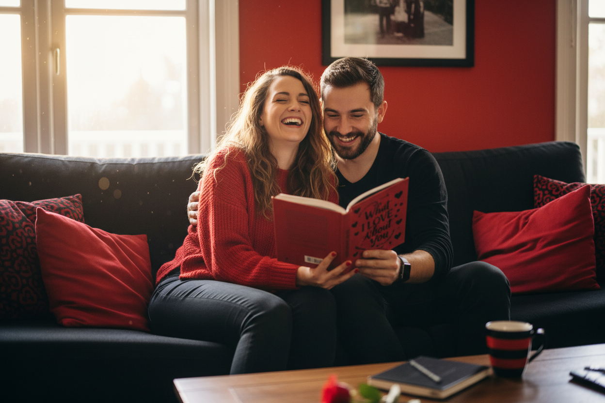 couple holding What i love about you book and laughing together. simple and relatable couple. red and black theme,. not fancy or formal